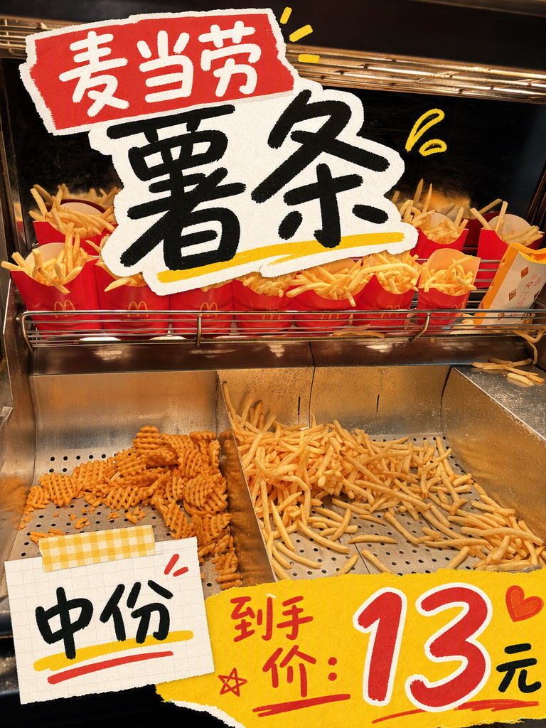 麦当劳中份薯条13元,现炸咸香随时加餐
